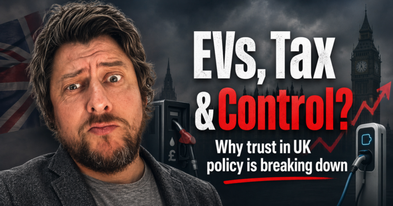 Man with concerned expression beside EV charger and fuel pump, with UK Parliament and headline ‘EVs, Tax & Control’ about UK EV policy.